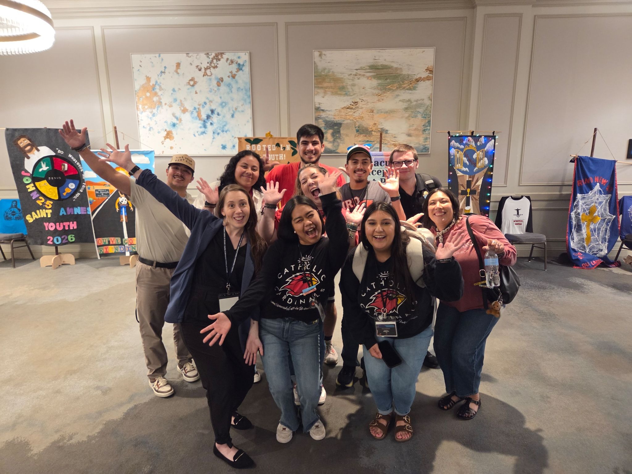 Mary with catholic students from the Lamar Catholic Student Center